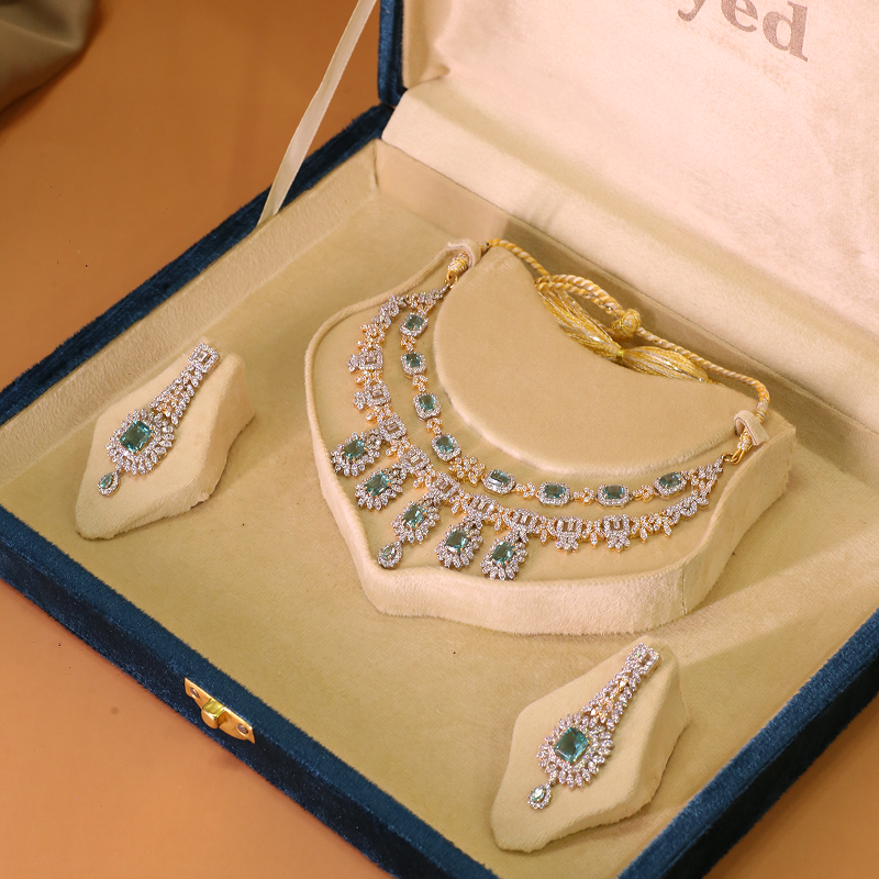Two-Tiered Crystal & Sea-Green Gemstone Necklace Set--2